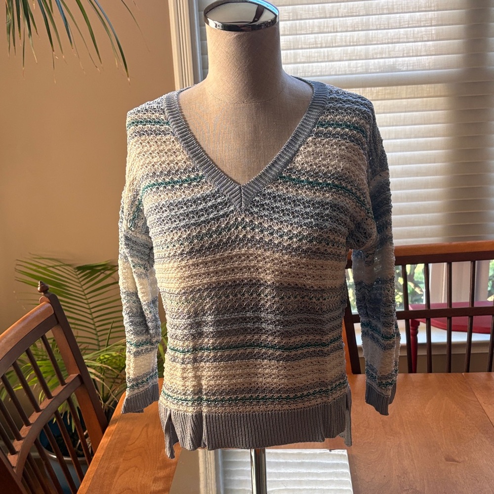 White House Black Market Striped V-Neck Sweater in Blue and Cream